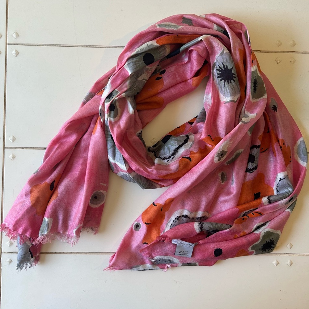 Pink and Orange Silk Scarf with Artistic Patterns